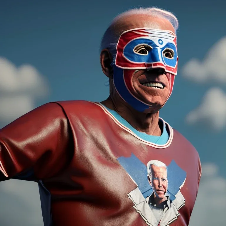 realistic image of joe biden as a mexican wrestling fighter posing outdoors, Mexican eyes wrestling mask, red and blue breeches, retro style, 80s, vibrant color, highly detailed, sky background, concept art, unreal engine 5, god rays, ray tracing, RTX, lumen lighting, ultra detail, volumetric lighting, 3d, finely drawn, high definition, high resolution.