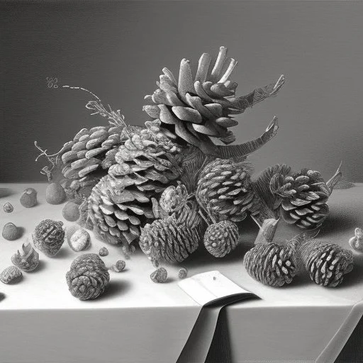 A realistic still life graphite drawing of pine cones like Pieter Claesz, Jan Jansz. from the Velde and Anthonie Leemans