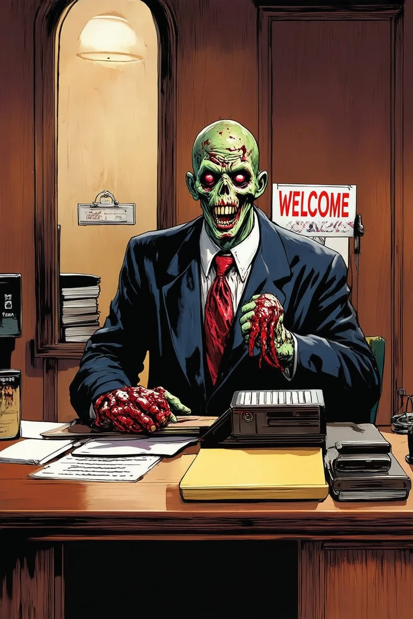 rotting zombie as a bank teller, "WELCOME" sign on the counter, digital illustration, by Martyn Turner, macabre