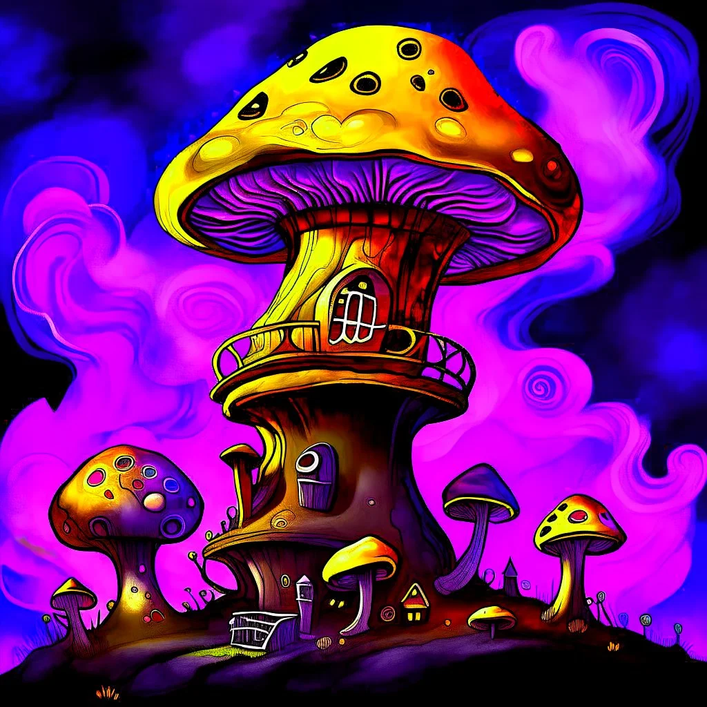 A fantabulous black, purple and yellow (((mushroom tower house))) erected atop a (geologic pillar), surrounded by the uncanny imaginative ((( swirling skies))), offset by the stark hues of a (neon-tinged nebulous space scape), within. captured by the hand a skilled master painter with a focus on (softly blurred compositions and voluminous lighting).