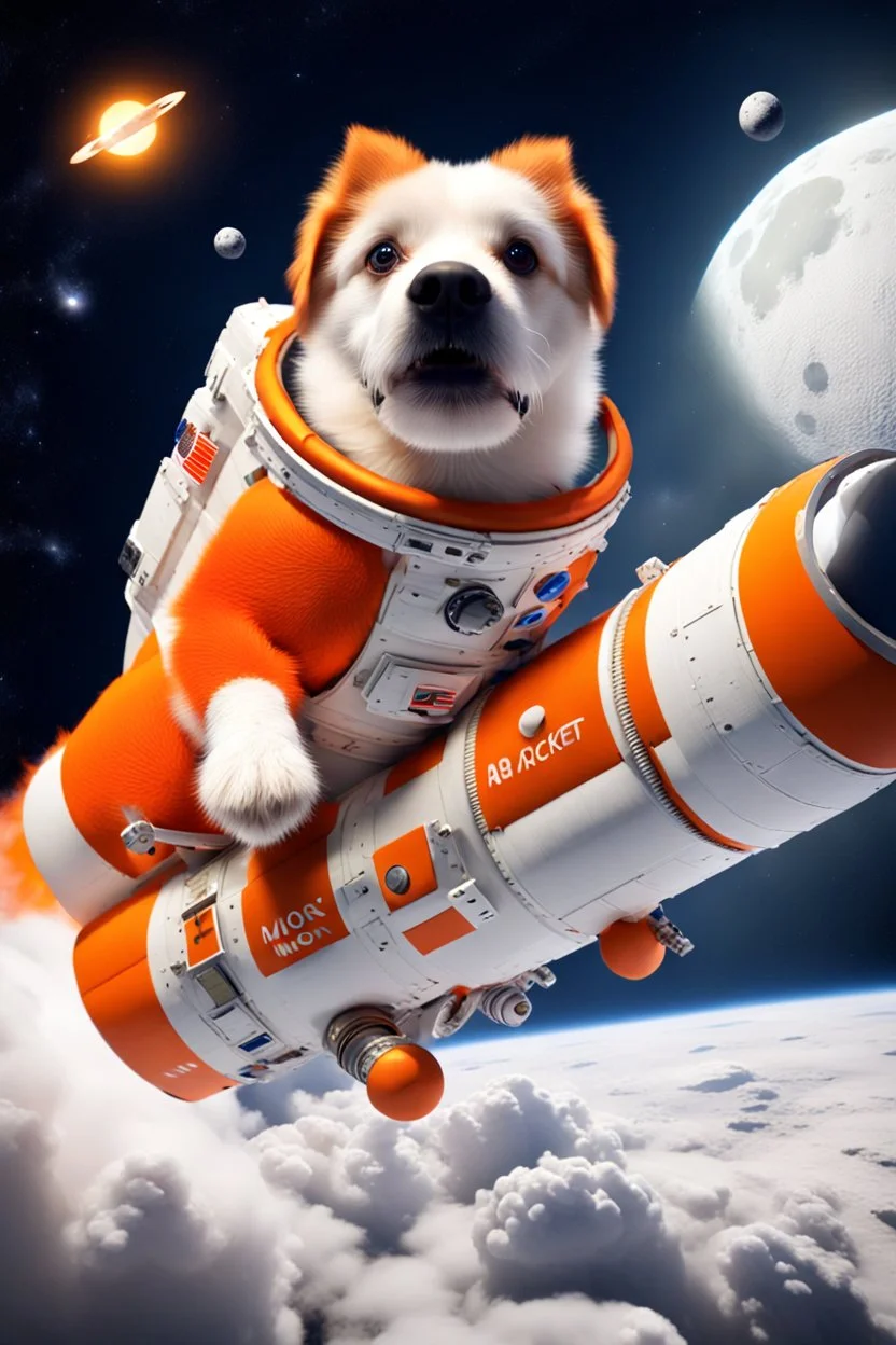 white and orange dog flies to the moon on top of the a rocket, writes "WE ARE GOING TO THE MOON!" on the rocket, in space, realistic, 4k, Cinematic,