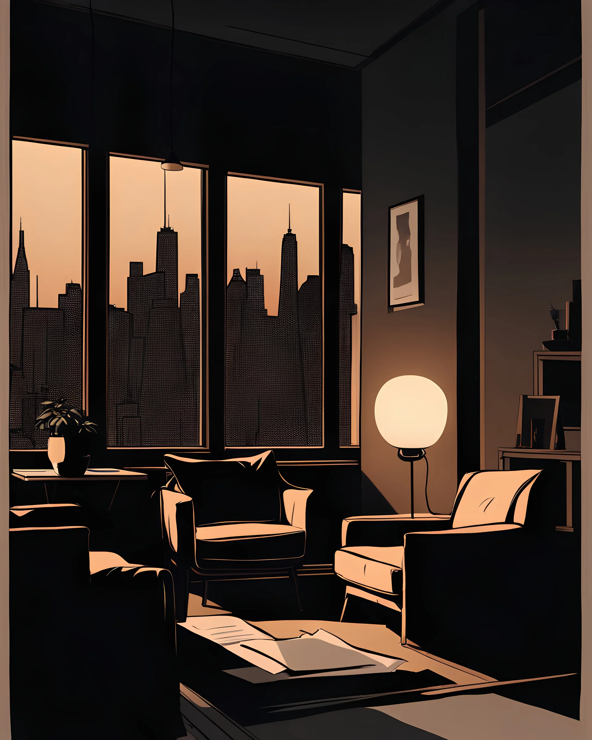 diseñae un living con dos sillones con estética minimalista iluminación tenue una ventana de fondo ciudad tranquila en la tarde y una mesa con un papeli y un lapiz, sin gente