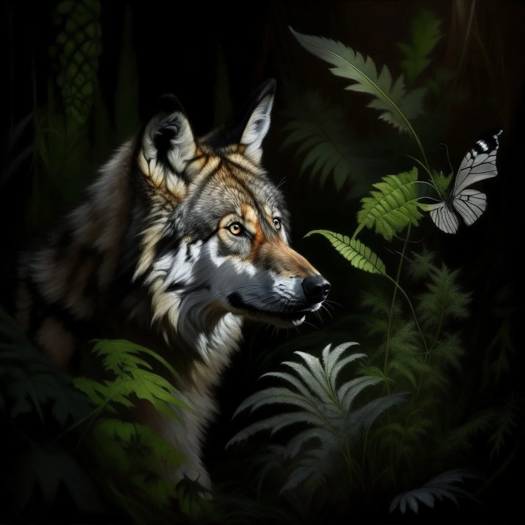 wolf portrait, ferns, butterflies, oilpainting, cinematic lighting