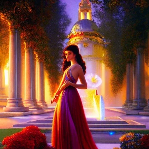 hyperdetailed oil on canvas, young Georgina Chapman by a temple fountain, beautiful, detailed face, long dark hair, surrounded by luminous colorful sparkles, airbrush, depth of field, Octane Render, by Gaspar Camps, Maxfield Parrish, Alphonse Mucha, Cyril Rolando, volumetric lighting, dusk, 16k