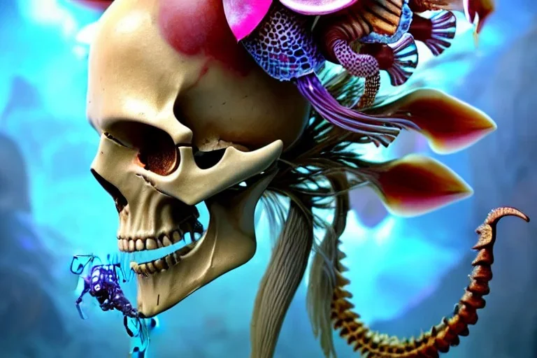 goddess close-up portrait skull with mohawk, ram skull, skeleton, thorax, x-ray, backbone, jellyfish phoenix head, nautilus, orchid, skull, betta fish, bioluminiscent creatures, intricate artwork by Tooth Wu and wlop and beeple. octane render, trending on artstation, greg rutkowski very coherent symmetrical artwork. cinematic, hyper realism, high detail, octane render, 8k