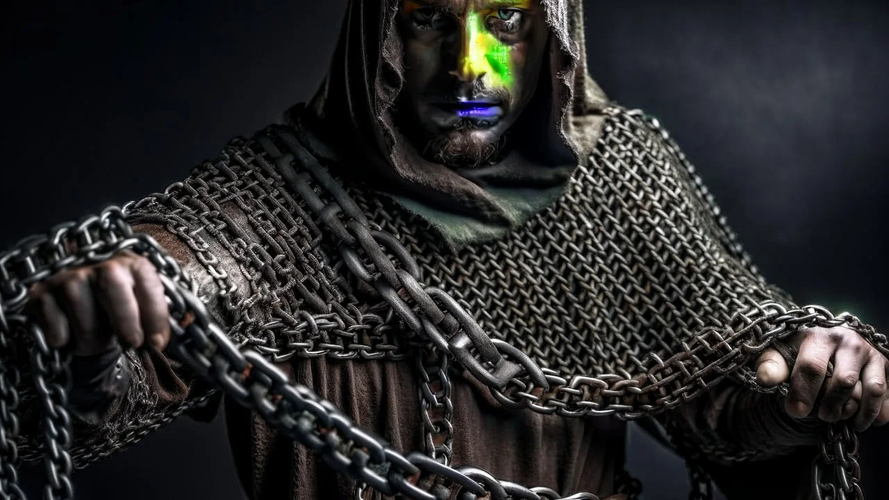 hooded monk in chain mail with a sword