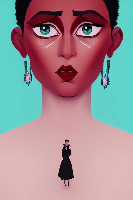 Minimalistic portrait of a beautiful woman with red lips and cold big eyes wearing earrings, a light pink fur coat in a haute couture style isolated on a dark background, cinematic lighting, ultra-realistic, shot in the style of hasselblad