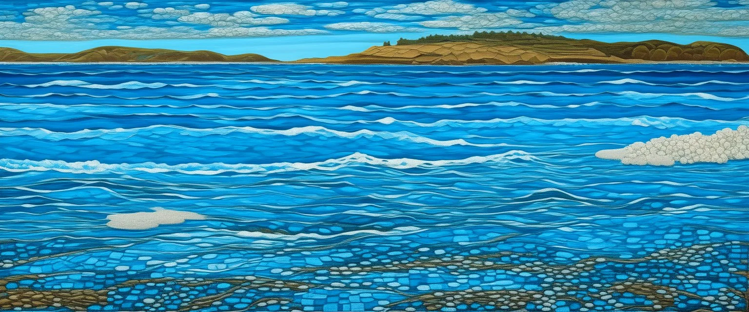 A blue beach near islands with waves designed in ancient Roman mosaics painted by Jeffrey Kolker