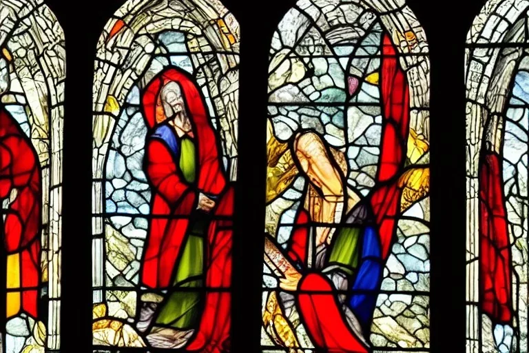 Cloaked woman holding fire on stain glass window