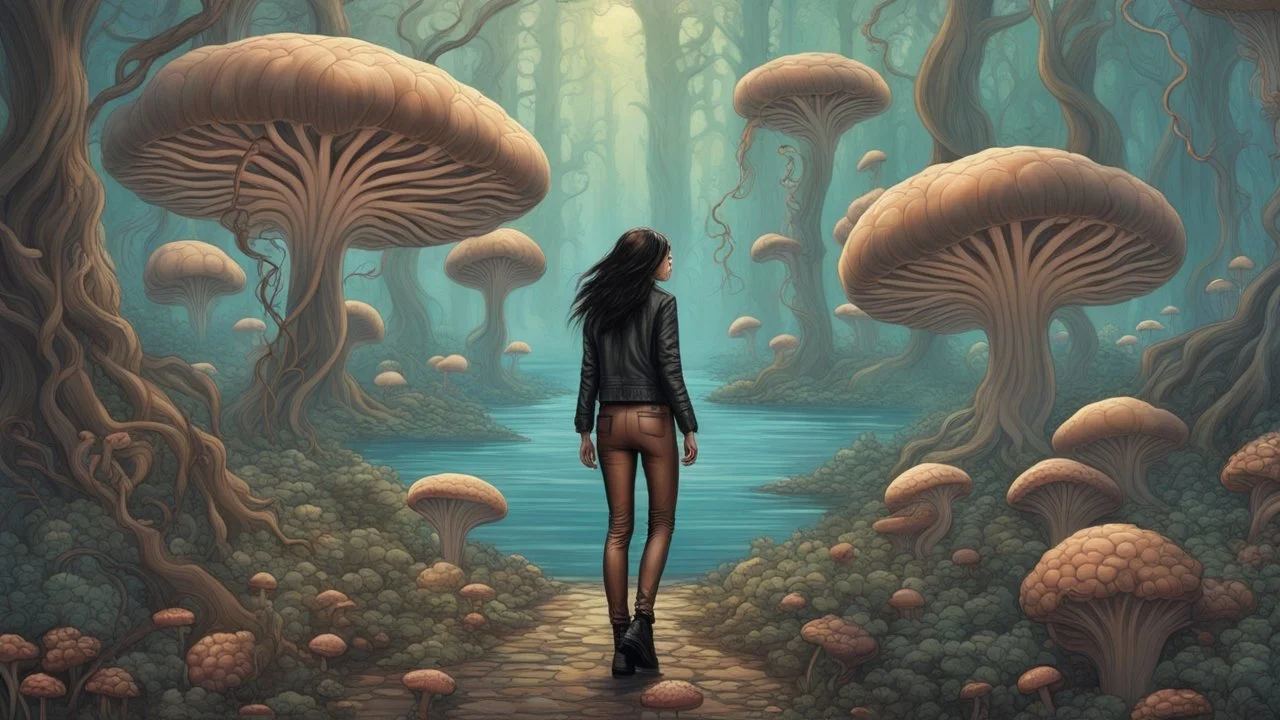 woman with black hair in a ponytail, in light brown leather trousers and jacket, walking through a forest of floating alien mushrooms with jellyfish tentacles, rampant foliage, and vines, next to a lake, photorealistic, Deep Colour, Intricate Detail