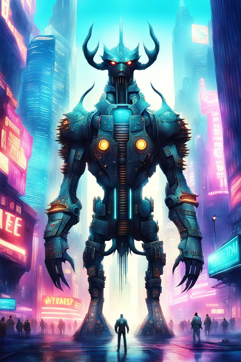 cities of the future cyberpunk in the center of the monster stands on its hind legs