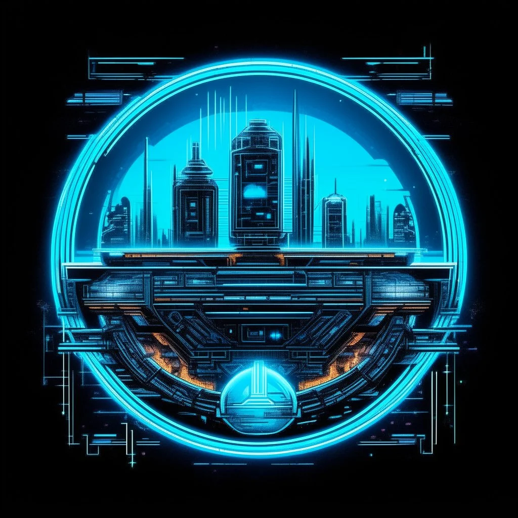 A pixel art cyberpunk version of the Manchester City logo. The crest is circular with a glowing neon blue border, metallic silver text, and a futuristic ship in the center, lit with radiant sky blue lights. Holographic tech circuits wrap around the badge, and the background is transparent.