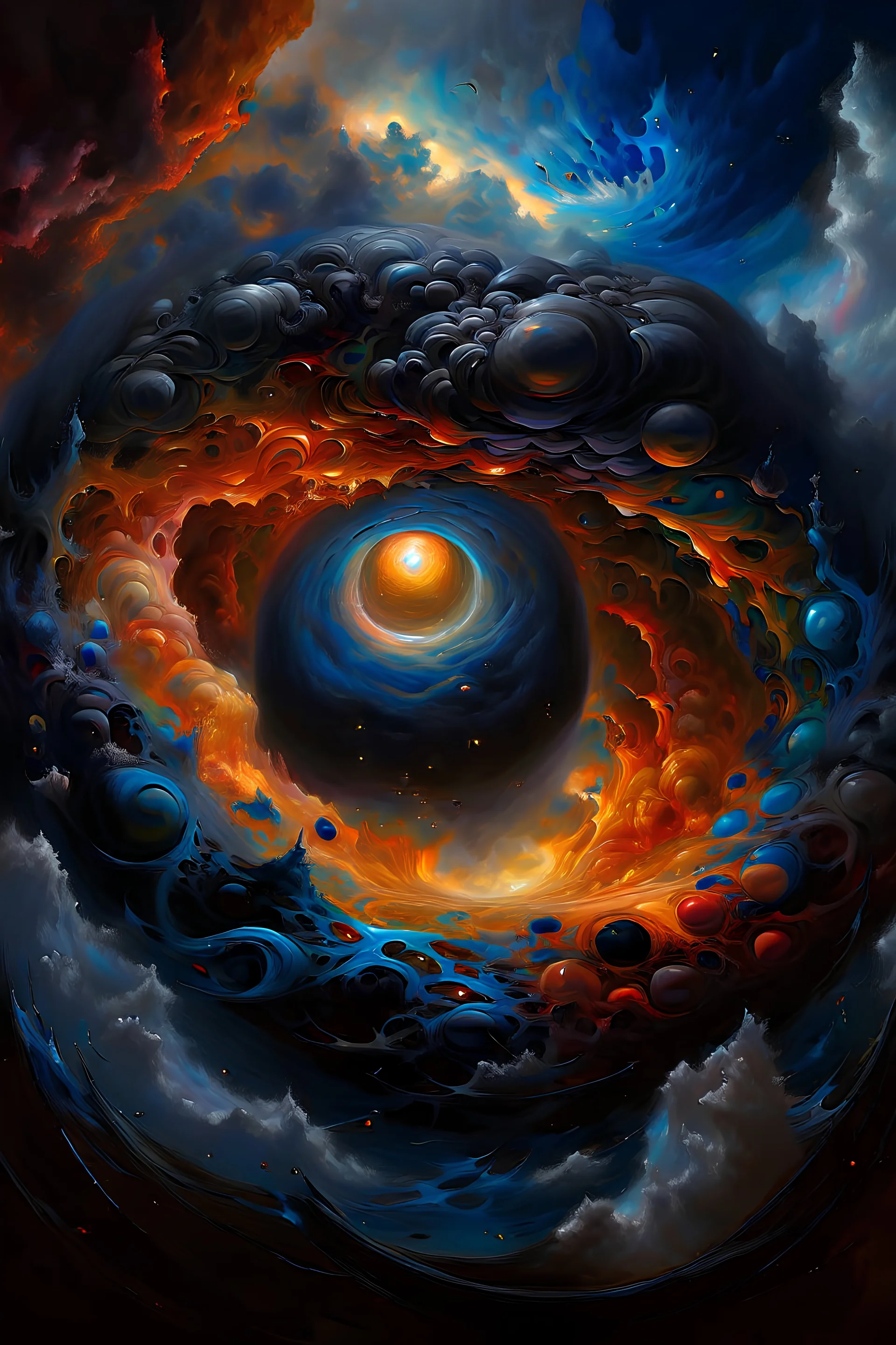 a painting of a black hole surrounded by clouds, a surrealist painting, inspired by Shōzō Shimamoto, space art, neri oxman, an explosion of colors, album artwork, space molecules, anton fedeev, astral appearance, 2 0 2 0, lava, intricate fluid details, by joseph binder, beeple daily art, artwork