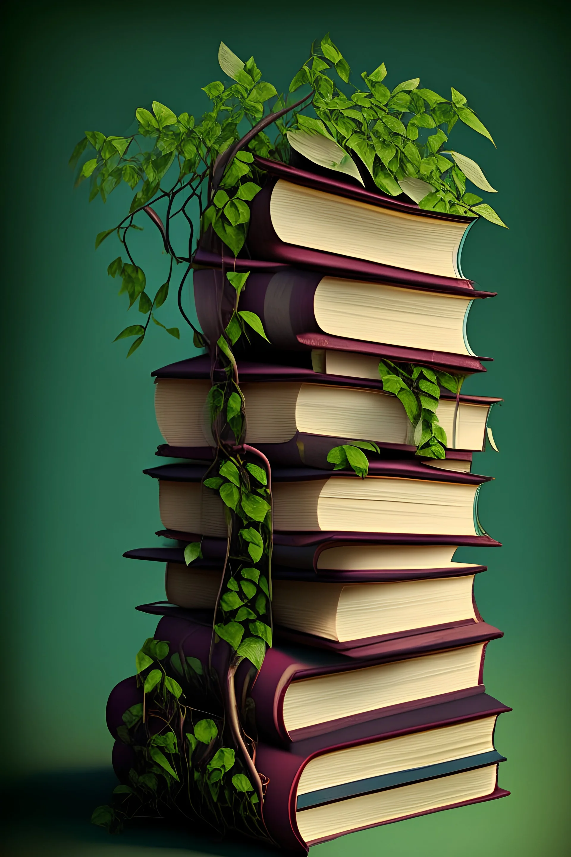 Stack of books with vines