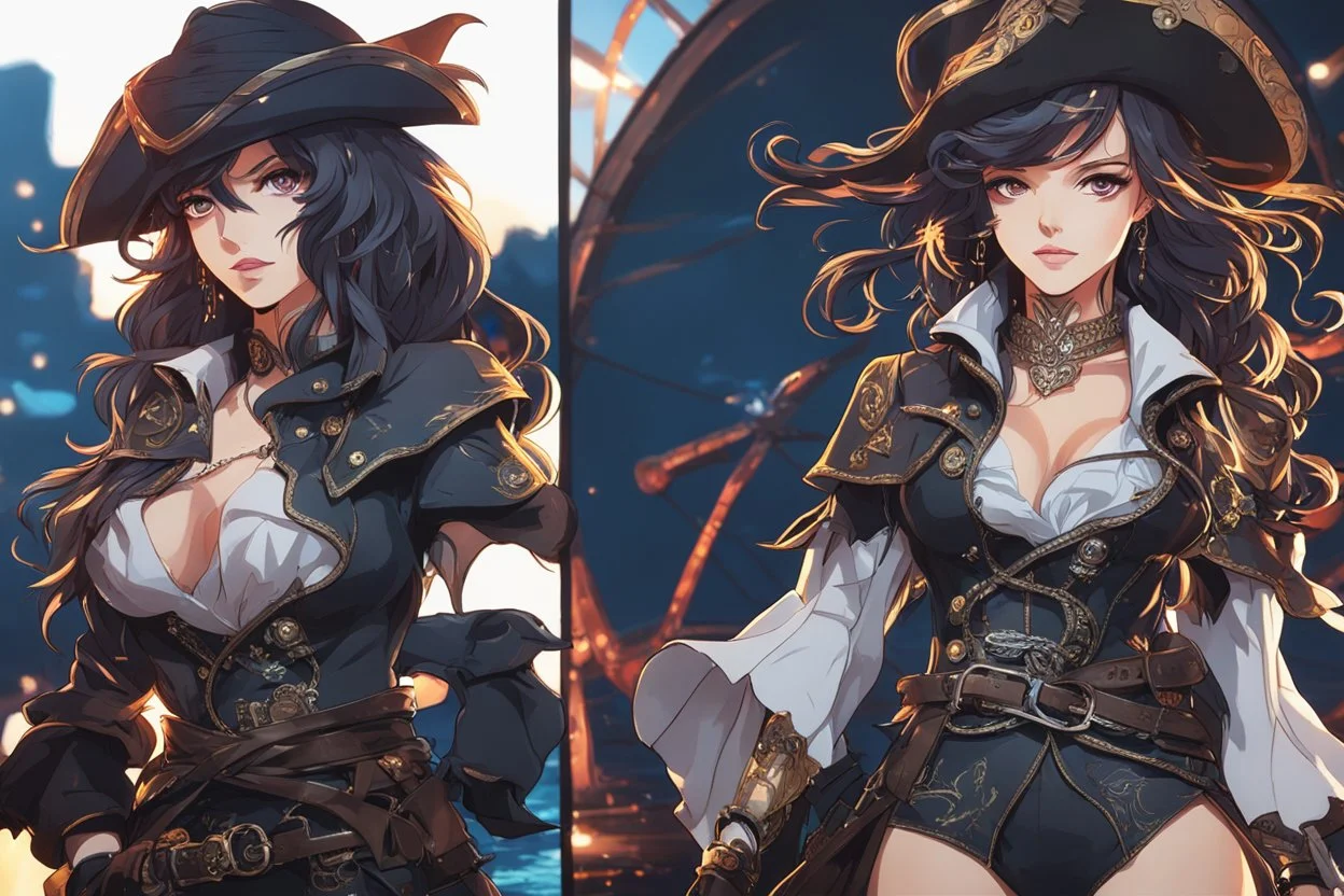 Hot Evelyn venom in 8k solo leveling shadow artstyle, pirate them, close picture, sea, neon lights, intricate details, highly detailed, high details, detailed portrait, masterpiece,ultra detailed, ultra quality