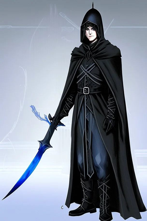 The commander wears a black cloak and a long coat with long combat boots and a long spear with a hat under his cloak with blue flame eyes, a sword like a spear