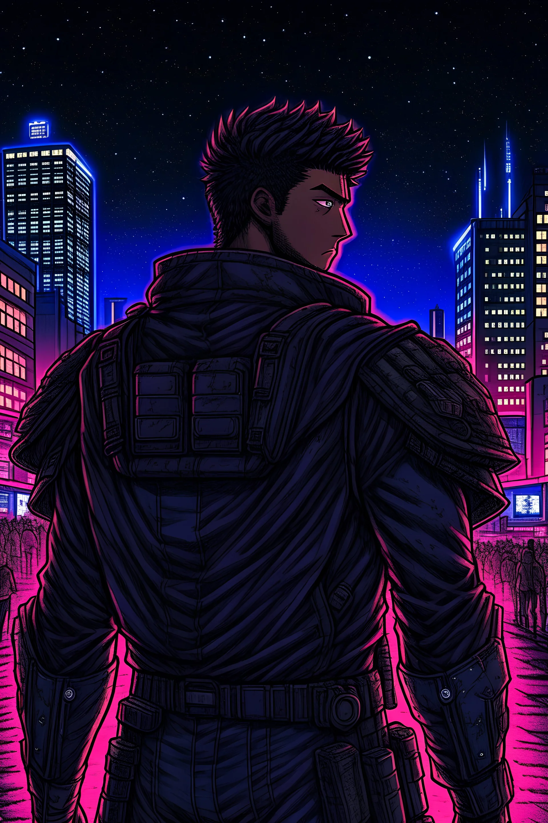 Guts from Berserk, Cyberpunk Edgerunner artstyle, Cyberpunk Night City, Wearing armour from Berserk anime, Looking into the distance at night city