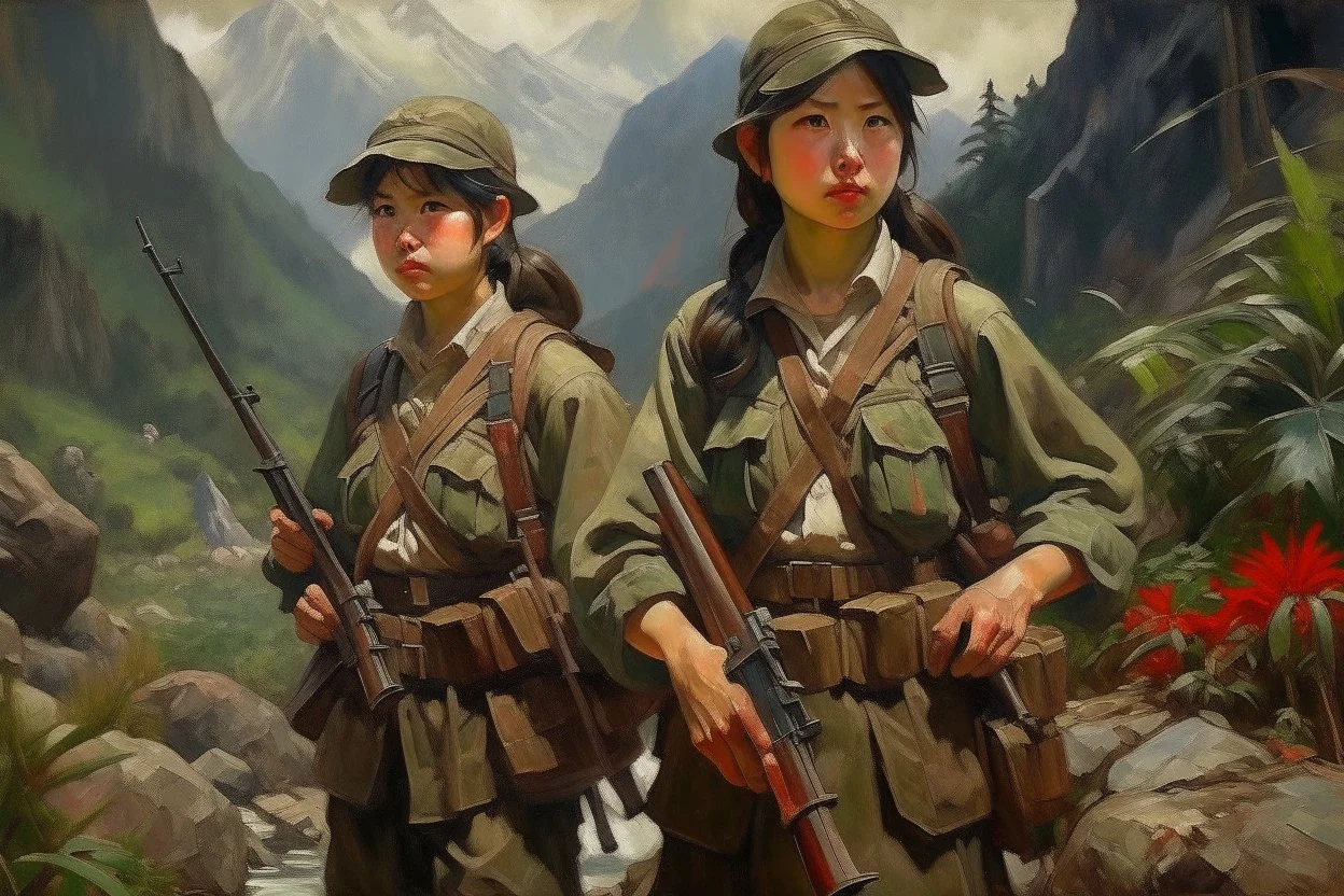 Japanese 1920 oil painting FEDRA from TLOU and the CRM from TWD but as Vietnam soldiers in the mountains