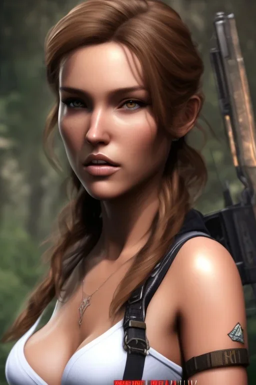 full body portrait Camilla Luddington face, hitomi tanaka body, lara croft clothes