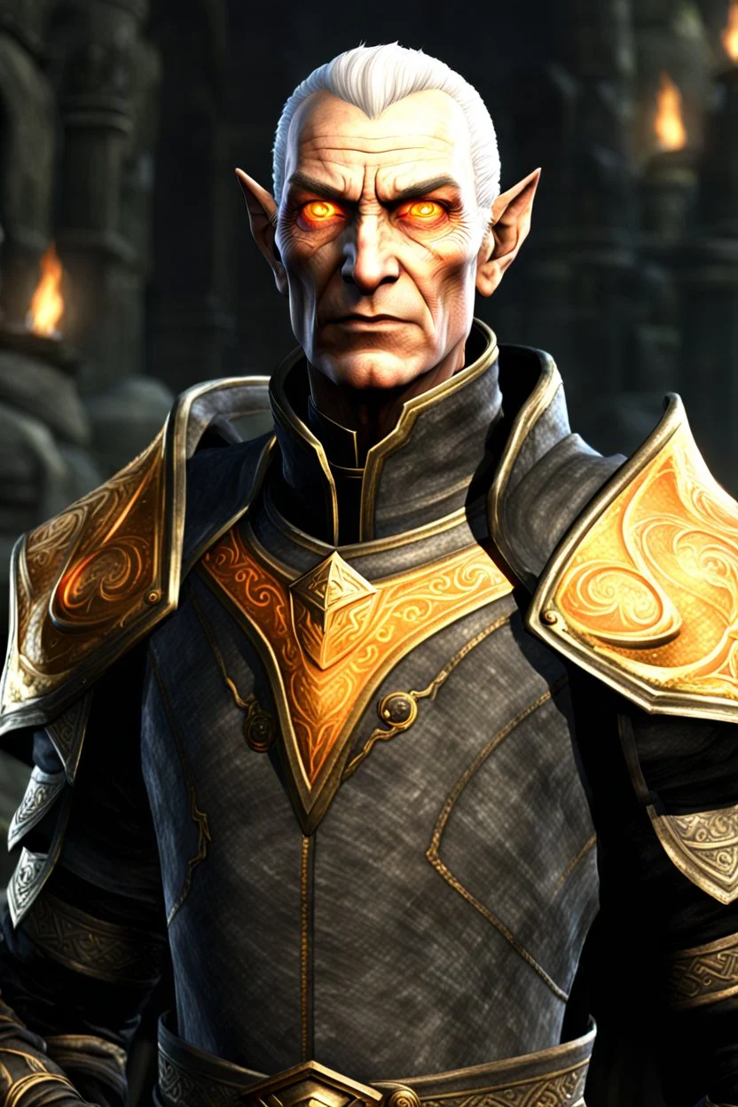 An old male altmer battlemage from Skyrim with golden-orange eyes