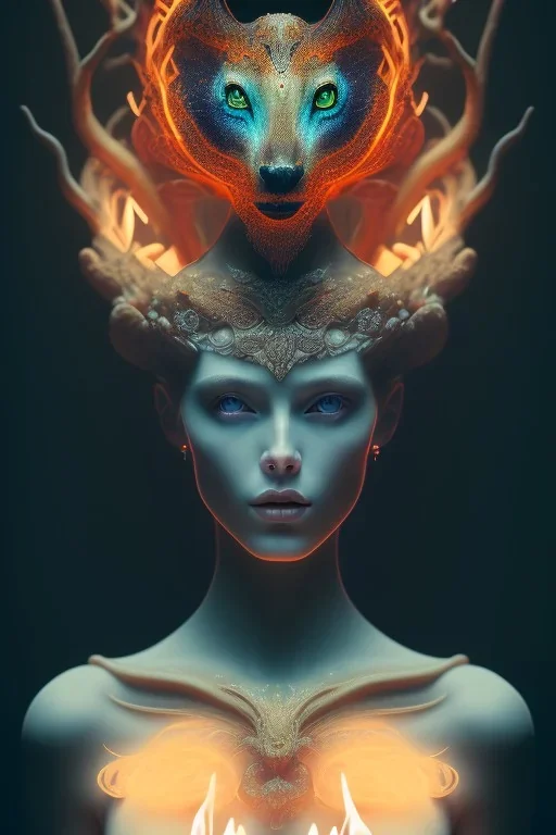 portrait photography of an ethereal beautiful animal goddess, Fire theme art, Dark moody night atmosphere, Portrait of a woman by Michelangelo, 8K, close-up face, anatomically perfect face, oak tree roots, ignore NSFW