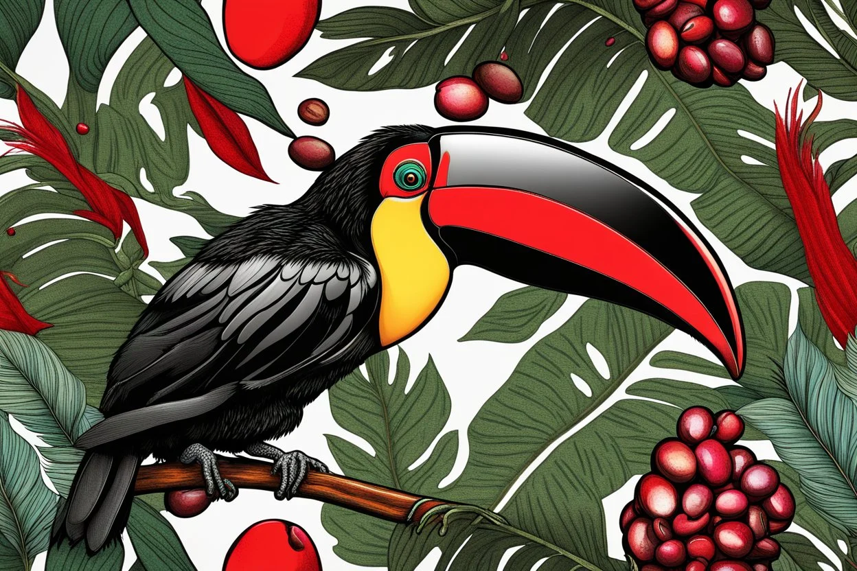 Lively 4D HDR Visualize an (((ultra detailed toucan))), its hyperdetailed beak, eyes and intricate feathers, plucking a red coffee bean from an arabica coffee plant, stylized tropical rainforest foliage, featuring line art and color splashes, set against a (matte black background) with a (developed artist's attention to detail), gorgeously contrasted by a (water splash) and a (color splash art) that mimics fire and water, all rendered in ultra-detailed artistry"; lush jungle environment 《Inspire