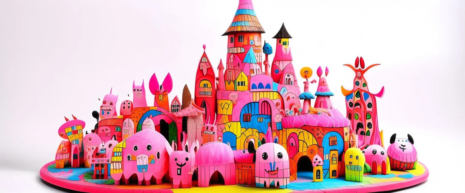 A light pink magical woolly town made out of toys designed in Kuna Molas painted by Joan Miro