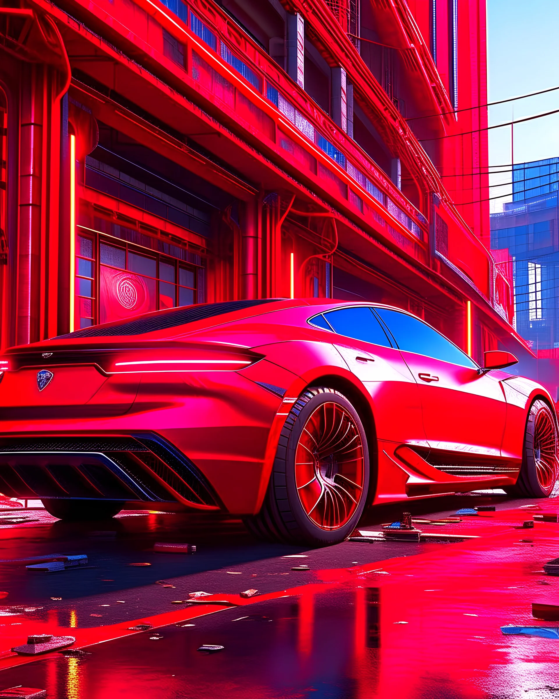 Red car 3 d realistic render in the coronation of napoleon painting and sci - fi wall structure with point cloud in the middle, in cyberpunk 2 0 7 7 colors, unreal engine 5, keyshot, octane, artstation trending, ultra high detail, ultra realistic, cinematic, 8 k, 1 6 k, in style of zaha hadid, in style of nanospace michael menzelincev, in style of lee souder, in plastic, dark atmosphere, tilt shift, depth of field,