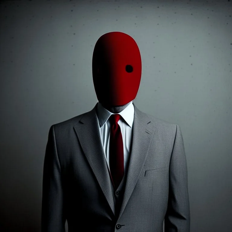 a man wearing a grey suit with a red tie who has no face