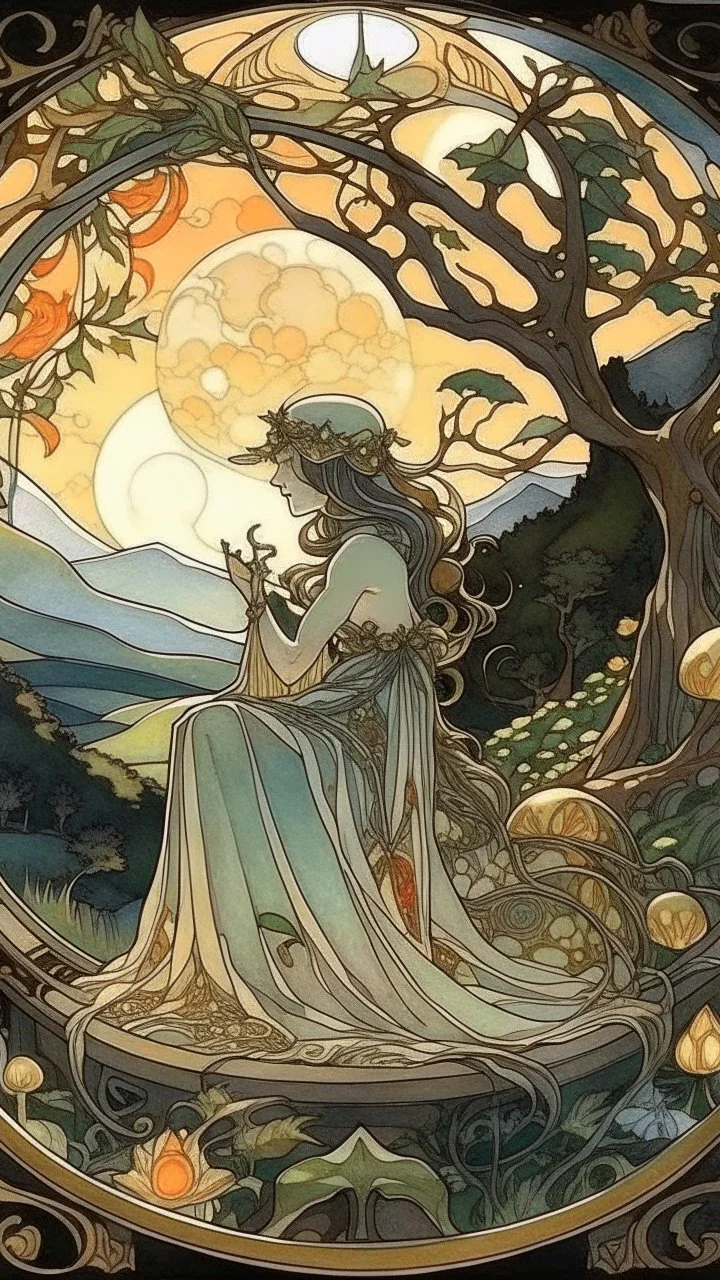 stars shine through every drop of dew, the old friend says bye, nostalgic atmosphere, diorama in the style of alphonse Mucha