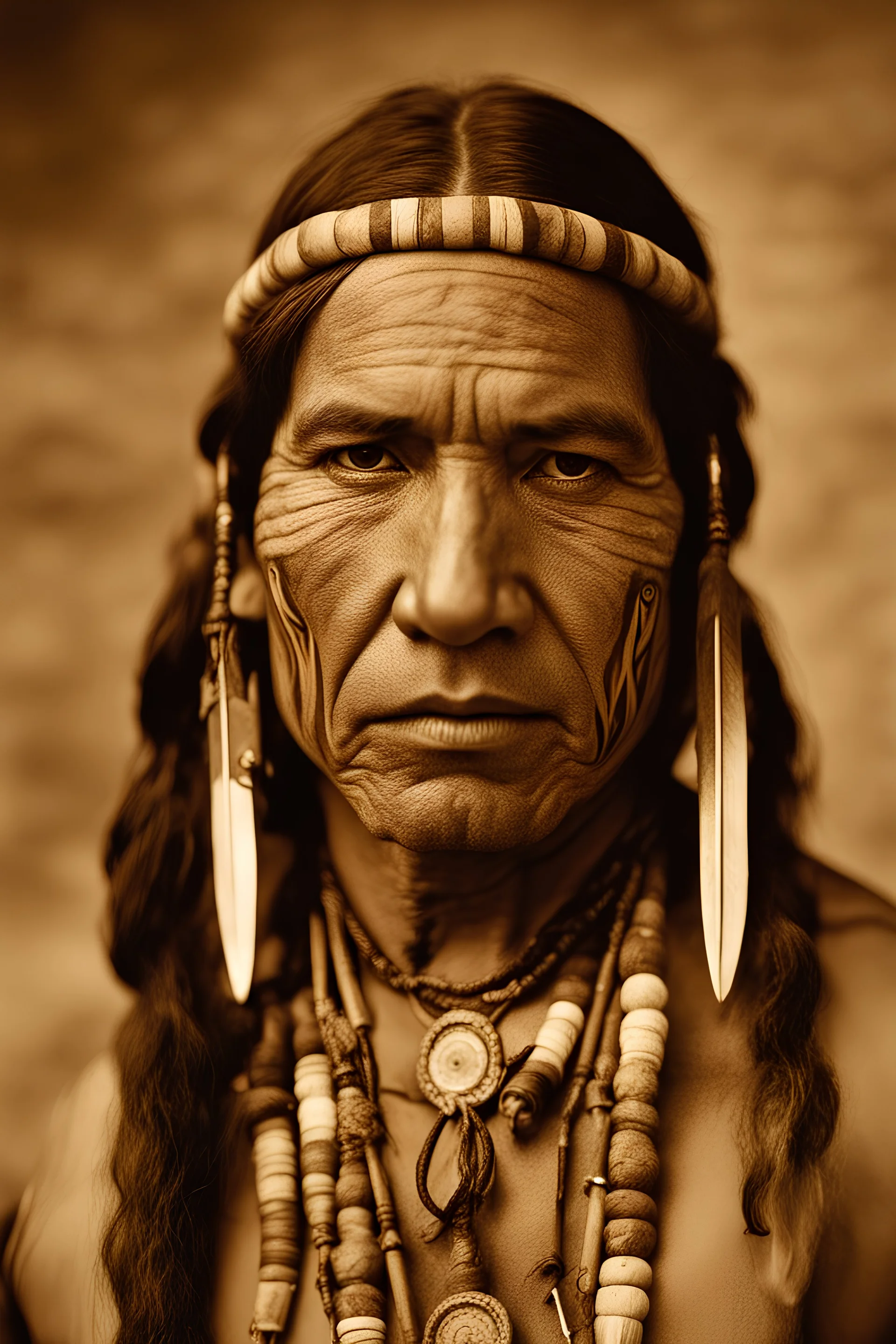 sepia portrait of native American face paint wearing an ornate survival knife