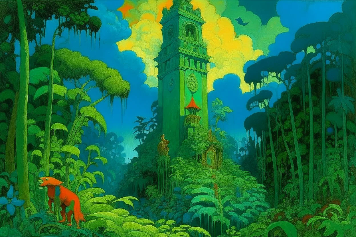 A bluish green tower in a toxic jungle painted by Paul Ranson