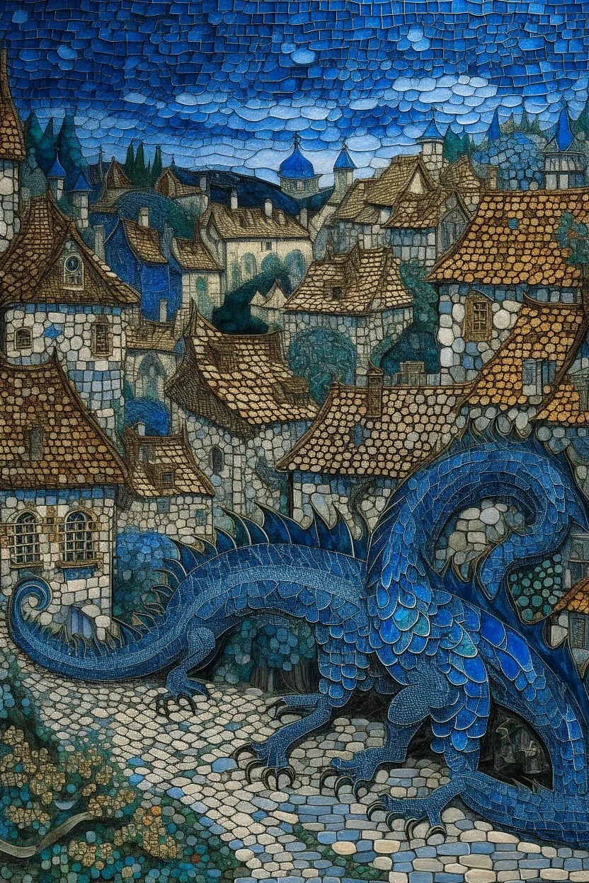 A dark blue village with a dragon designed in ancient Roman mosaics painted by Claude Monet