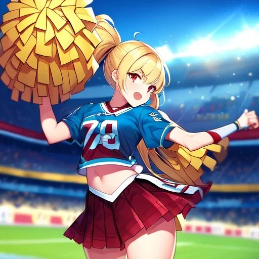 Clear focus,High resolution,High quality, Blonde One Ponytail hair, Red eyes, Cheerleading