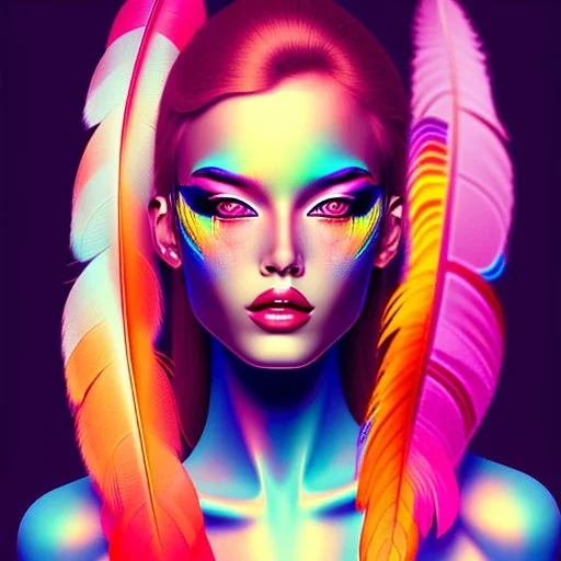 beautiful women with colorful feathers neon