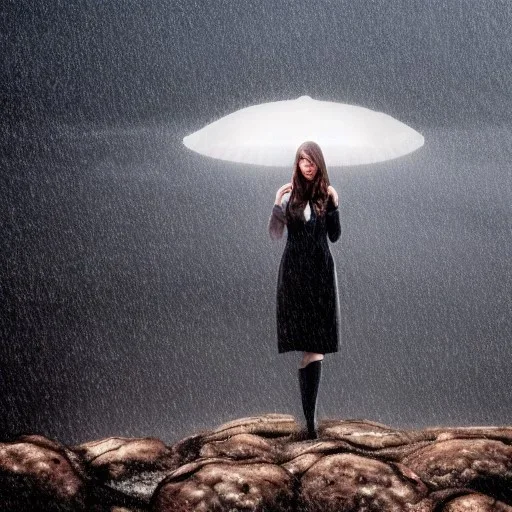 A princess standing. Epic scale. Heavy cold rain. Thunderstorm. An engineer looking up. Futuristic scenary. Gray mist.