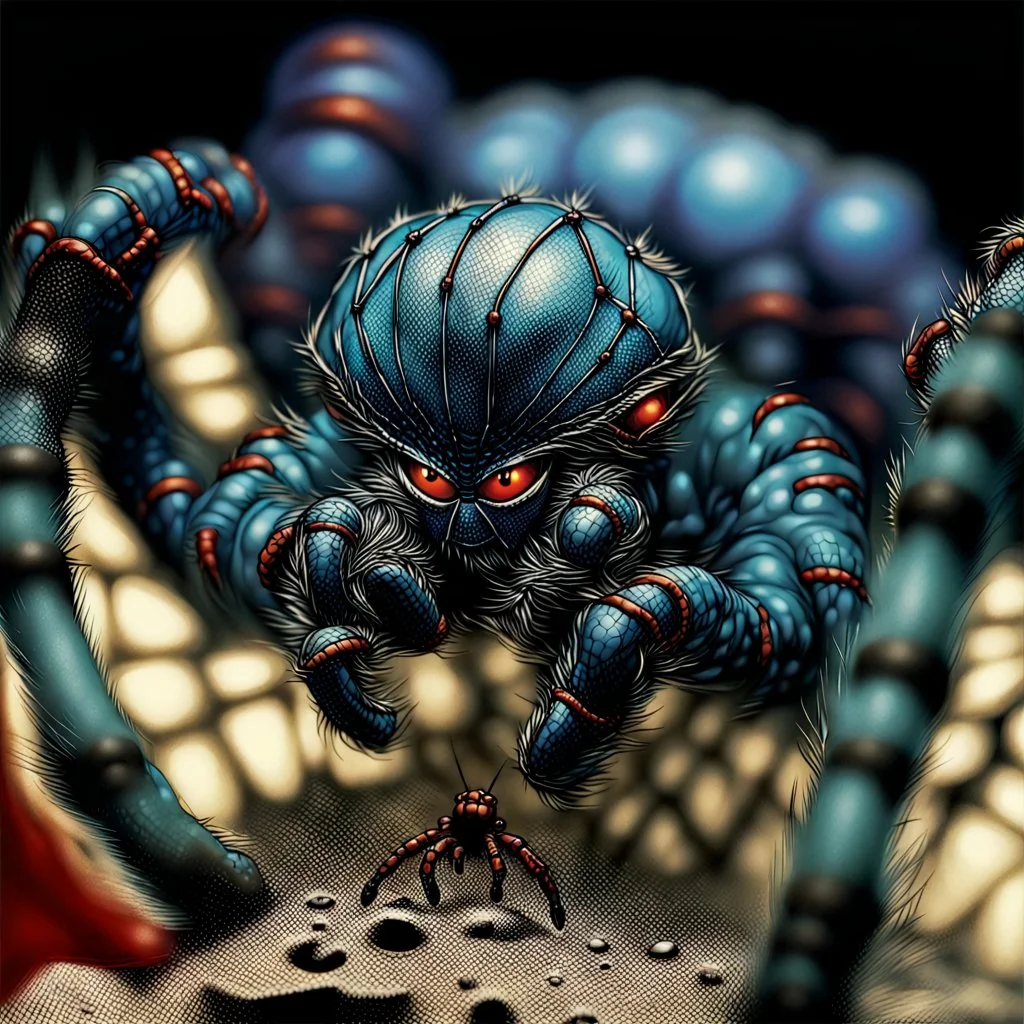 90's TCG fantasy artwork art of a mutant spider with blue eyes in web