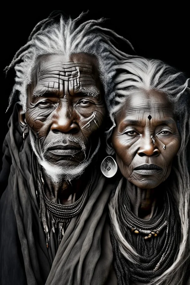 a photo of an Bushmen man and woman with ethnic jewelry, grey hair and grey flowing robe, in style of Annie Leibovitz, contemporary portrait of a mature yet beautiful and modernist, black and grey, detailed face, swirling fluid smokey enigma, award-winning artwork