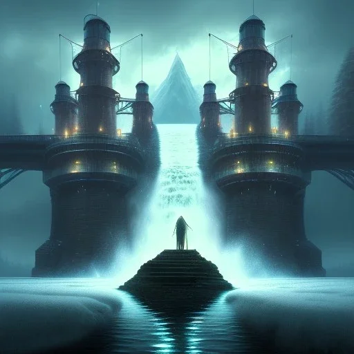 fantasy art, book cover, close up of big mad wizard in front of the ebony stairs, a bridge or dam ,icy water