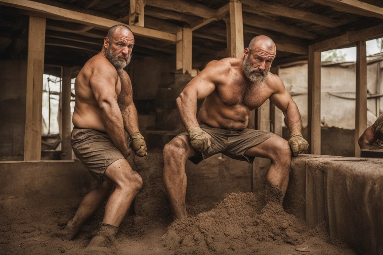 portrait shot photography of two ugly 43 year old beefy big robust burly italian carpenter two men fight with fists in the mud, dirty and wet, wearing bulging shorts, shirtless, hairy chest, serious, very virile, short beard, shaved hair,, , in a sunny construction work area, photorealistic , photorealistic