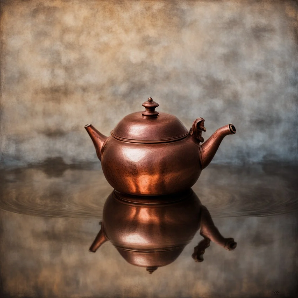 Reflection of a child on an old copper teapot