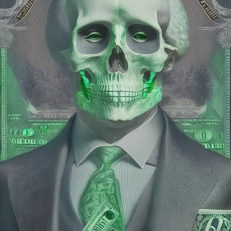 a head and shoulders portrait of a skeleton dressed in a three-piece suit as the president of the united states, based on us currency, united states one dollar bill, shades of green, real-life, colors match the united states one dollar bill, realistic, robotic,