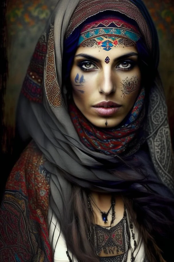 full-body photo of A beautiful Russian Gypsy-woman, middle-eastern, tattoo on face , veil, gypsy scarf