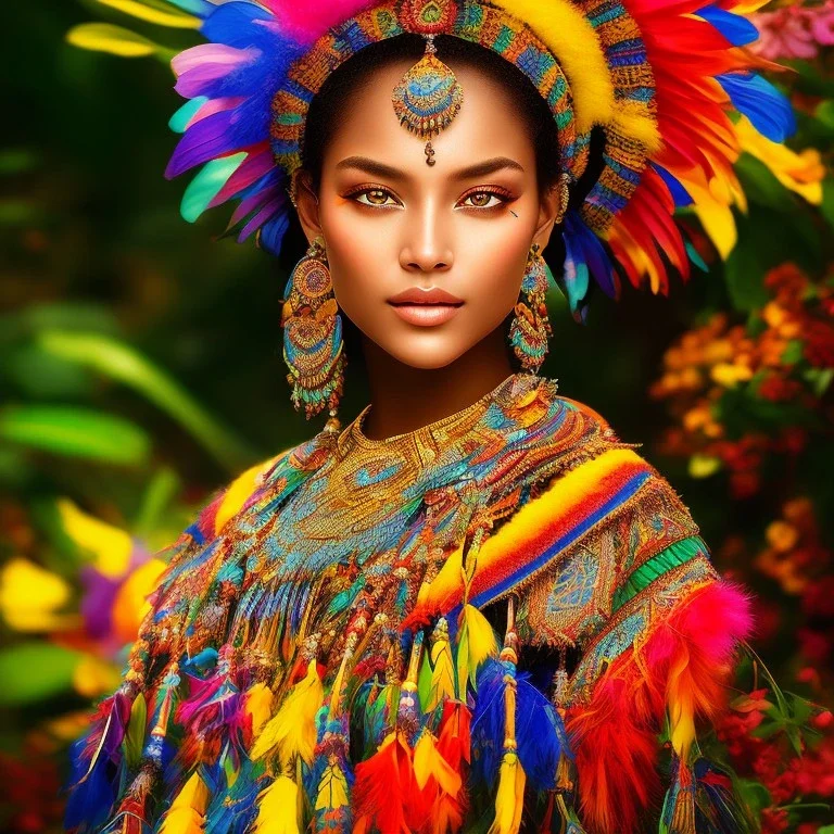 bright brazilian indigenous, beautiful portrait, flowery landscape, light