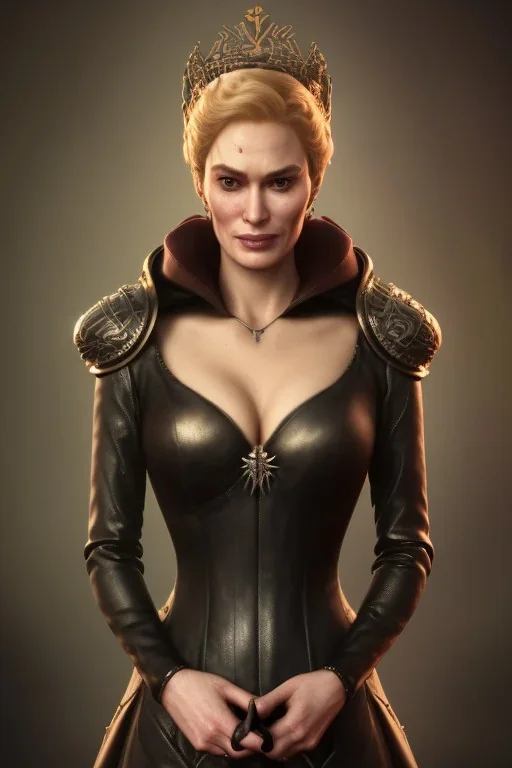 Cersei Lannister as evil queen in black leather, busty, cleavage, curvy, lena headay, angry, stern look. character design by cory loftis, fenghua zhong, ryohei hase, ismail inceoglu and ruan jia. unreal engine 5, artistic lighting, highly detailed, photorealistic, fantasy