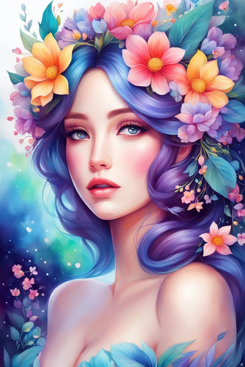 a painting of a woman with flowers in her hair, rossdraws pastel vibrant, beautiful fantasy art portrait, by Jeremiah Ketner, beautiful fantasy portrait, girl in flowers, woman in flowers, beautiful anime portrait, inspired by Anna Dittmann, colorful watercolor painting, watercolor detailed art, vibrant watercolor painting, exquisite digital illustration, by Anna Dittmann, stunning anime face portrait