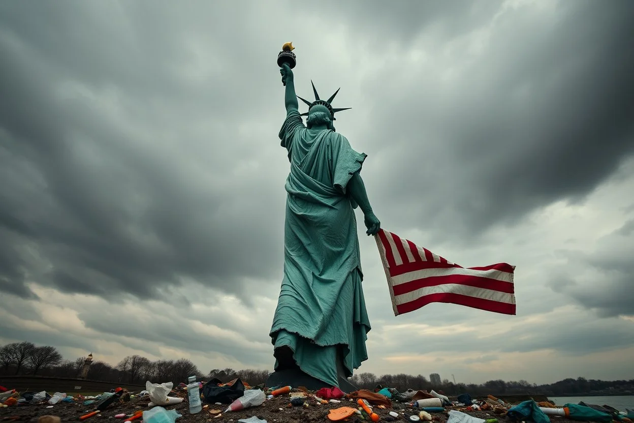 the statue of liberty, dress dirty and torn, her face solemn and terse, trash littered at her feet, she holds a crumpled american flag, she walks away with back turned under a dark and dreary sky, wide angle