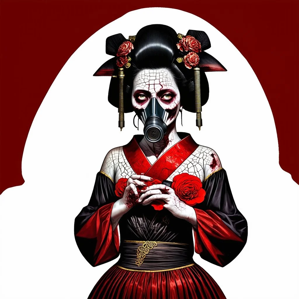 zombie geisha with pale cracked skin wearing a gas mask, baroque, macabre grim illustration, by Phlegm