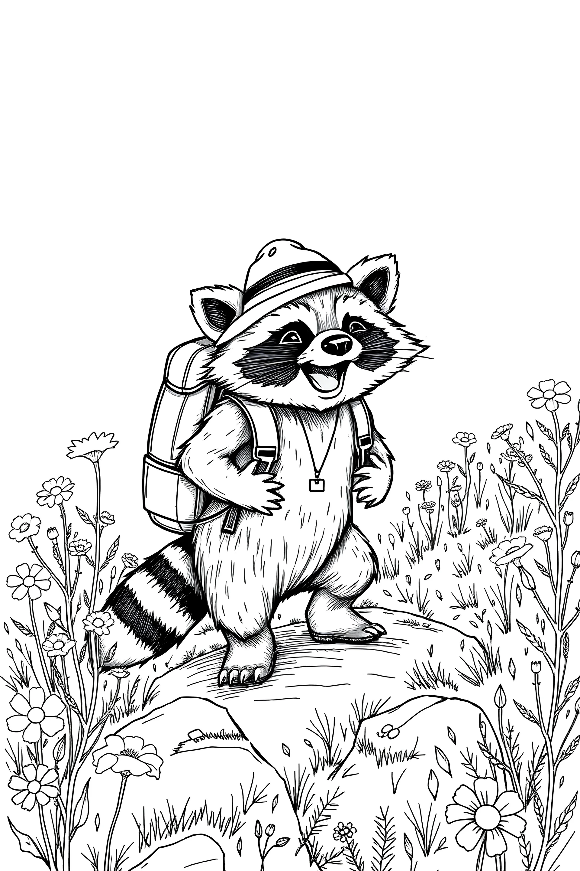 sketch of a laughing raccoon with a backpack and a hat hiking down a trail surrounded by flowers