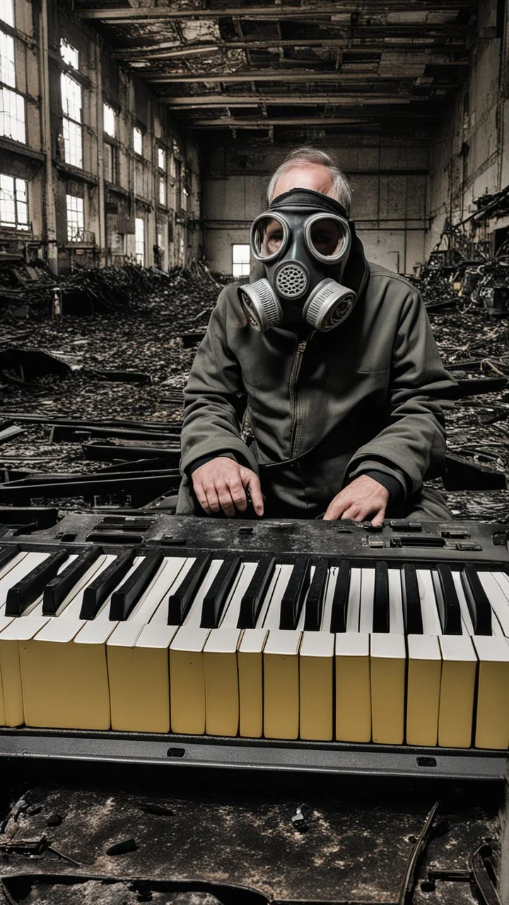 a person with a gas mask in an abandoned big massive factory, playing with a modular synth piano